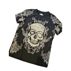 Heads or tails mens medium rhinestone skull streetwear y2k graphic t shirt